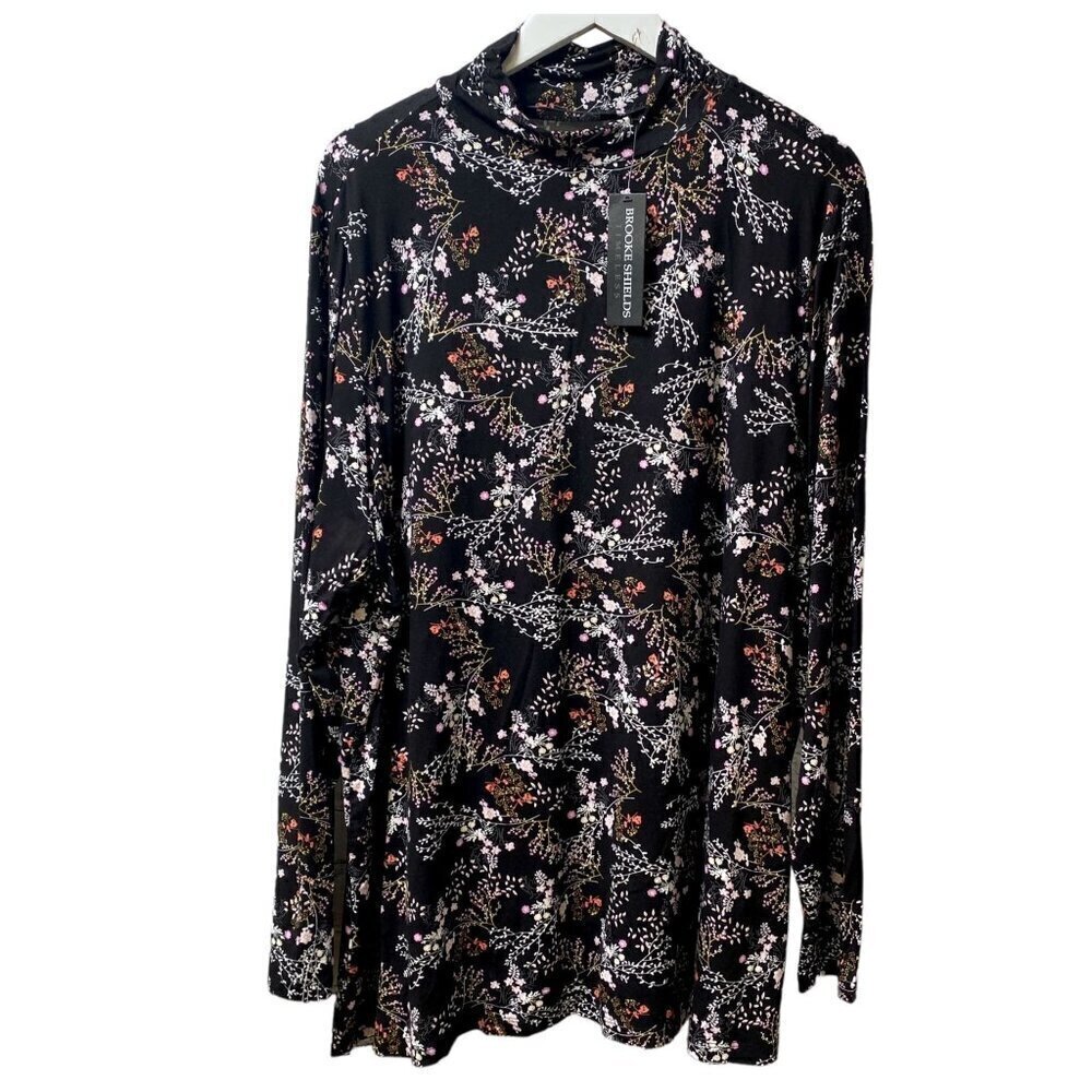 BROOK SHIELDS Womens Turtleneck Plus Size 2X Black Floral Long Sleeve NWT